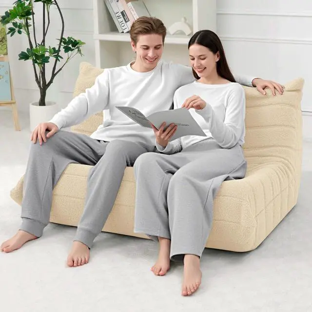 Alt view image 4 of 7 - Bean Bag Chairs Fireside Lazy Floor Sofa, Soft Teddy Fleece 2 Seater Sofa with High-Resilience Foam FillingBeanbag for Living Room, Bedroom, Office (Khaki Teddy)