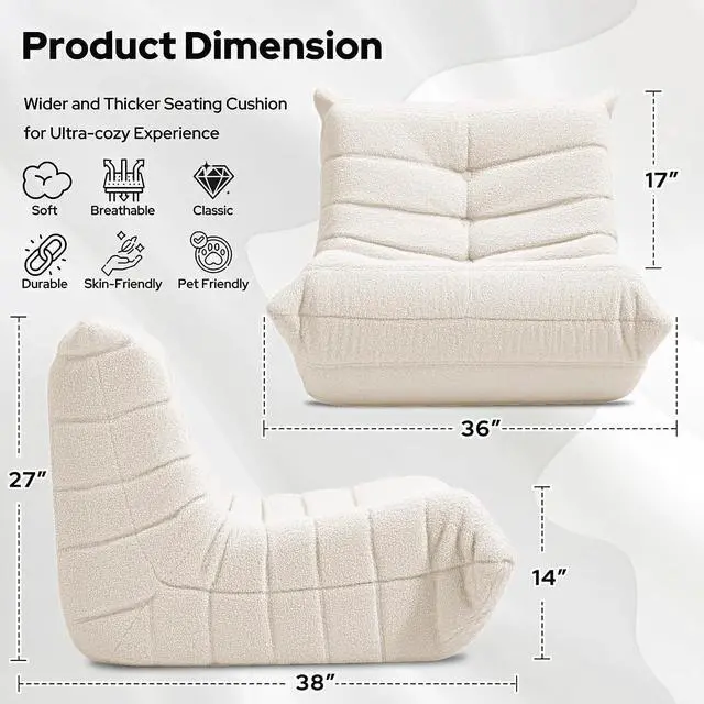 Alt view image 2 of 6 - Bean Bag Chairs Fireside Lazy Floor Sofa, Soft Teddy Fleece Bean Bag Sofa with High-Resilience Foam FillingBeanbag for Living Room, Bedroom, Office (Beige Teddy)