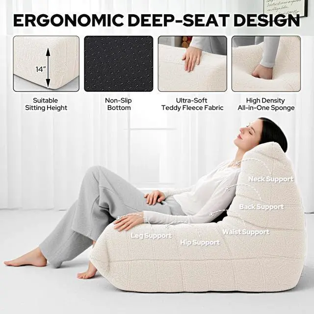 Alt view image 3 of 6 - Bean Bag Chairs Fireside Lazy Floor Sofa, Soft Teddy Fleece Bean Bag Sofa with High-Resilience Foam FillingBeanbag for Living Room, Bedroom, Office (Beige Teddy)