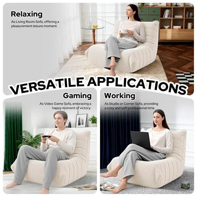 Alt view image 5 of 6 - Bean Bag Chairs Fireside Lazy Floor Sofa, Soft Teddy Fleece Bean Bag Sofa with High-Resilience Foam FillingBeanbag for Living Room, Bedroom, Office (Beige Teddy)