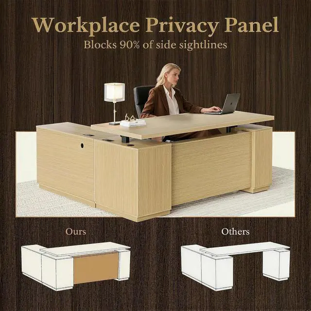 Alt view image 4 of 7 - 70 Inches L Shaped Executive Standing Desk, Electric Height Adjustable Desk with File Cabinet, Computer Corner Table with AC/USB and Privacy Panel for Home and Office, Light Walnut