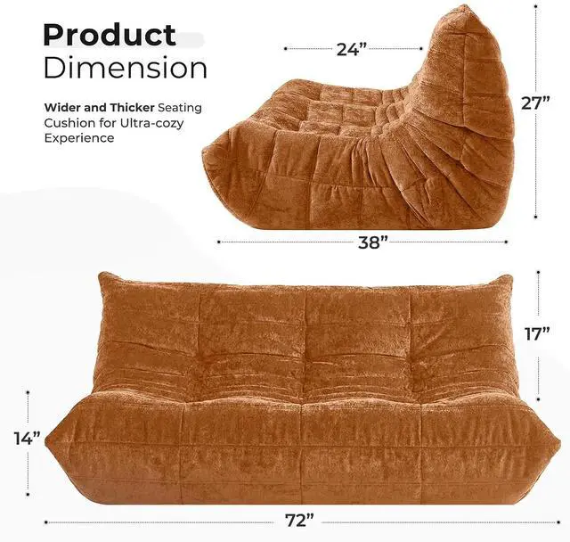 Alt view image 2 of 7 - Bean Bag Chair, Giant Bean Bag Chairs for Adults, 3 Seater Fireside Chair, Lazy Large Floor Bean Bag Sofa for Living Room, Bedroom, Dorm, Office (Brown)