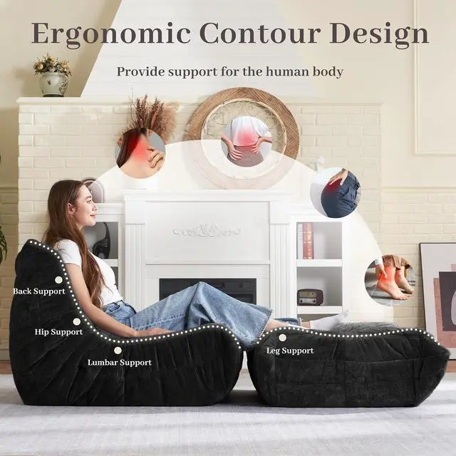 Alt view image 4 of 7 - Bean Bag Ottoman,Foot Rest,Fireside Chair Memory Foam Lazy Bean Bag Sofa for Living Room,Bedroom,Dorm,Office (Ottoman-Black)