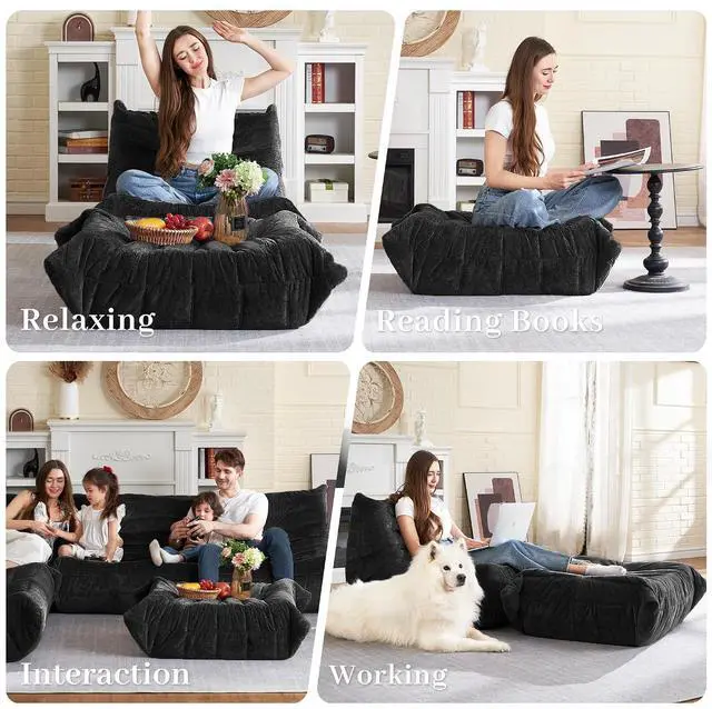 Alt view image 5 of 7 - Bean Bag Ottoman,Foot Rest,Fireside Chair Memory Foam Lazy Bean Bag Sofa for Living Room,Bedroom,Dorm,Office (Ottoman-Black)