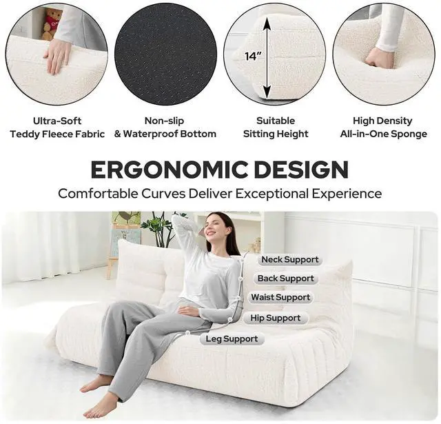 Alt view image 3 of 7 - Bean Bag Chairs Fireside Lazy Floor Sofa, Soft Teddy Fleece 3 Seater Sofa with High-Resilience Foam FillingBeanbag for Living Room, Bedroom, Office (Beige Teddy)