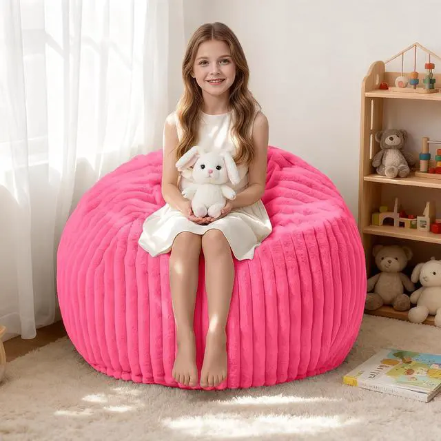Main image of 2FT Bean Bag Chair, 2' Bean Bag Chairs with Memory Foam Filled, Small Comfy Beanbag Chair with Stripe Plush Cover for Living Room Bedroom DormPink
