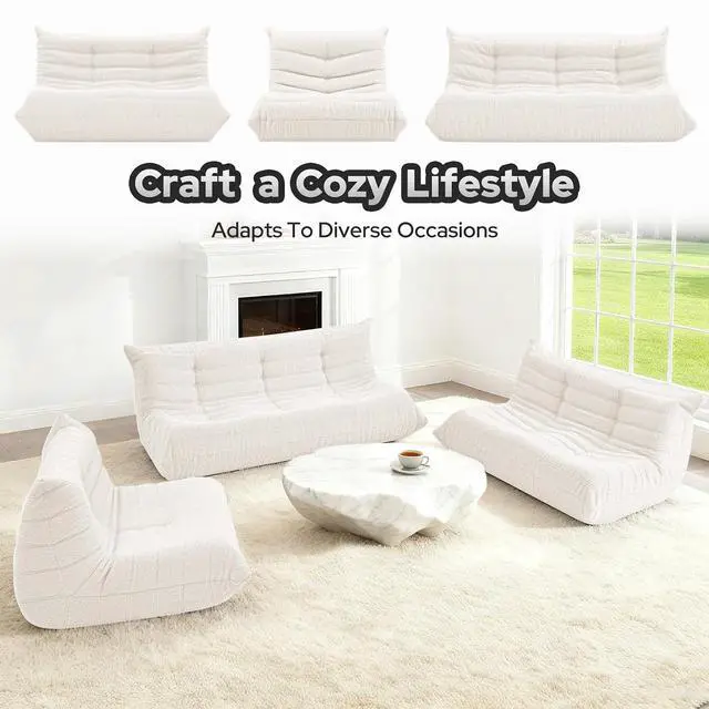 Alt view image 6 of 7 - Bean Bag Chairs Fireside Lazy Floor Sofa, Soft Teddy Fleece 3 Seater Sofa with High-Resilience Foam FillingBeanbag for Living Room, Bedroom, Office (Beige Teddy)