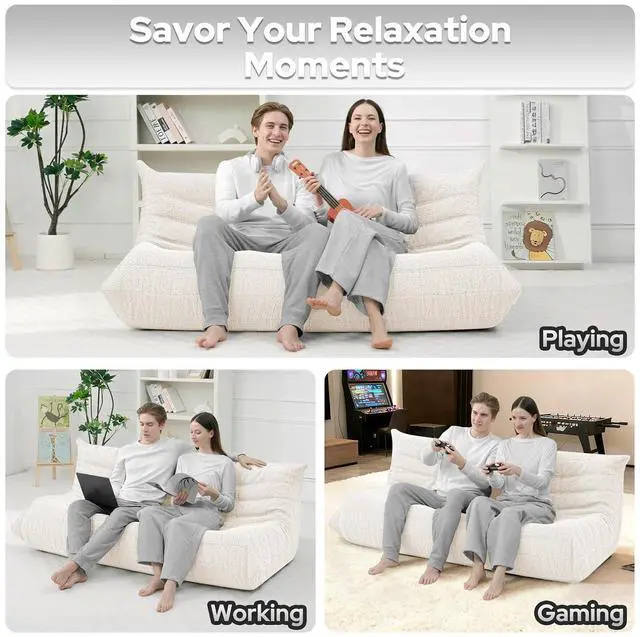 Alt view image 5 of 7 - Bean Bag Chairs Fireside Lazy Floor Sofa, Soft Teddy Fleece 3 Seater Sofa with High-Resilience Foam FillingBeanbag for Living Room, Bedroom, Office (Beige Teddy)