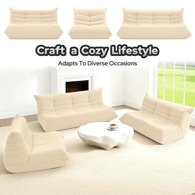 Alt view image 6 of 7 - Bean Bag Chairs Fireside Lazy Floor Sofa, Soft Teddy Fleece 3 Seater Sofa with High-Resilience Foam FillingBeanbag for Living Room, Bedroom, Office (Khaki Teddy)