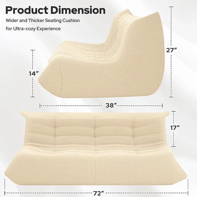 Alt view image 2 of 7 - Bean Bag Chairs Fireside Lazy Floor Sofa, Soft Teddy Fleece 3 Seater Sofa with High-Resilience Foam FillingBeanbag for Living Room, Bedroom, Office (Khaki Teddy)
