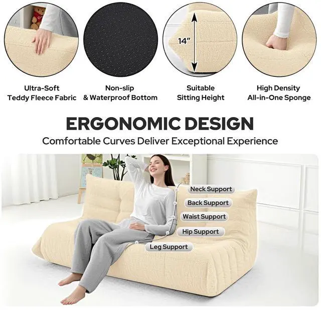 Alt view image 3 of 7 - Bean Bag Chairs Fireside Lazy Floor Sofa, Soft Teddy Fleece 3 Seater Sofa with High-Resilience Foam FillingBeanbag for Living Room, Bedroom, Office (Khaki Teddy)