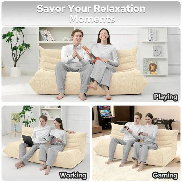 Alt view image 5 of 7 - Bean Bag Chairs Fireside Lazy Floor Sofa, Soft Teddy Fleece 3 Seater Sofa with High-Resilience Foam FillingBeanbag for Living Room, Bedroom, Office (Khaki Teddy)