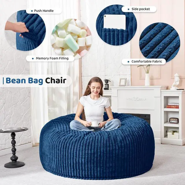 Alt view image 3 of 6 - 3FT Bean Bag Chair, 3' Large Bean Bag Chairs for Adults with Stripe Plush Cover, Memory Foam Beanbag Chair for Living Room Bedroom DormBlue