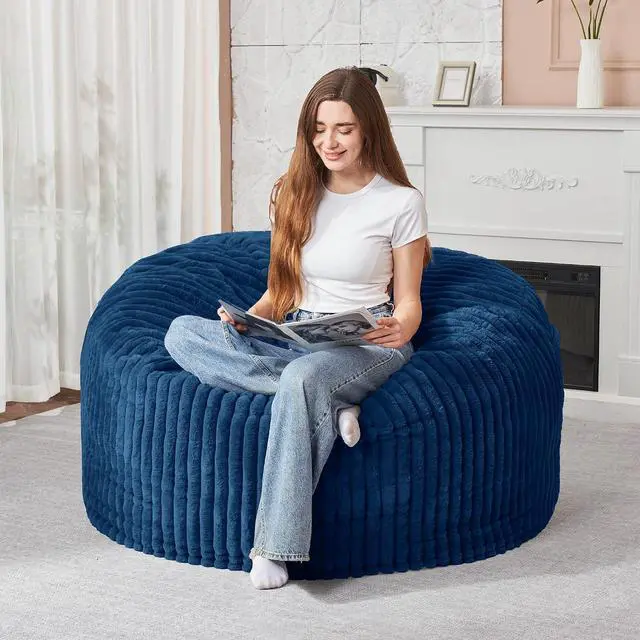 Main image of 3FT Bean Bag Chair, 3' Large Bean Bag Chairs for Adults with Stripe Plush Cover, Memory Foam Beanbag Chair for Living Room Bedroom DormBlue