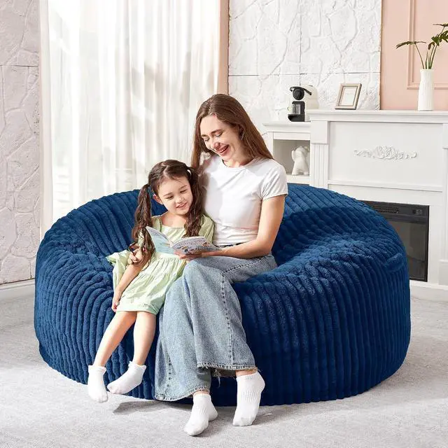 Alt view image 5 of 6 - 3FT Bean Bag Chair, 3' Large Bean Bag Chairs for Adults with Stripe Plush Cover, Memory Foam Beanbag Chair for Living Room Bedroom DormBlue