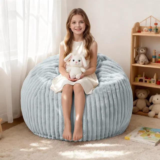 Main image of 2FT Bean Bag Chair, 2' Bean Bag Chairs with Memory Foam Filled, Small Comfy Beanbag Chair with Stripe Plush Cover for Living Room Bedroom DormLight Grey