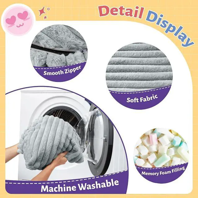 Alt view image 3 of 6 - 2FT Bean Bag Chair, 2' Bean Bag Chairs with Memory Foam Filled, Small Comfy Beanbag Chair with Stripe Plush Cover for Living Room Bedroom DormLight Grey