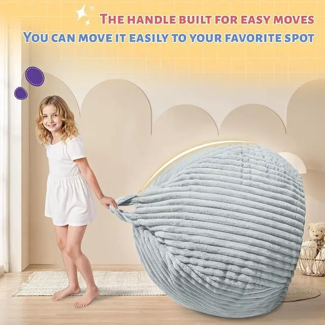 Alt view image 4 of 6 - 2FT Bean Bag Chair, 2' Bean Bag Chairs with Memory Foam Filled, Small Comfy Beanbag Chair with Stripe Plush Cover for Living Room Bedroom DormLight Grey