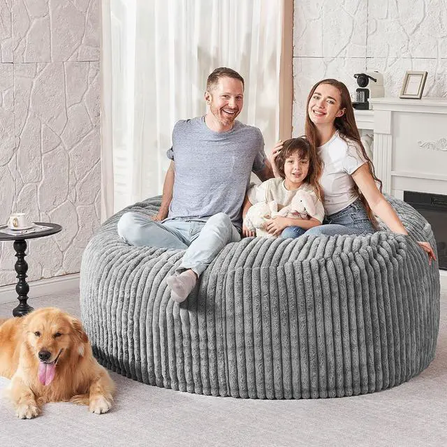 Alt view image 5 of 6 - 5FT Bean Bag Chair, 5' Large Bean Bag Chairs for Adults with Removable Stripe Plush Cover, Memory Foam Beanbag Chair for Living Room Bedroom Dorm (Grey)