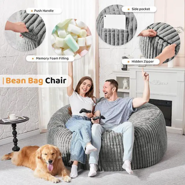 Alt view image 3 of 6 - 5FT Bean Bag Chair, 5' Large Bean Bag Chairs for Adults with Removable Stripe Plush Cover, Memory Foam Beanbag Chair for Living Room Bedroom Dorm (Grey)