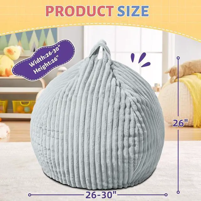 Alt view image 2 of 6 - 2FT Bean Bag Chair, 2' Bean Bag Chairs with Memory Foam Filled, Small Comfy Beanbag Chair with Stripe Plush Cover for Living Room Bedroom DormLight Grey