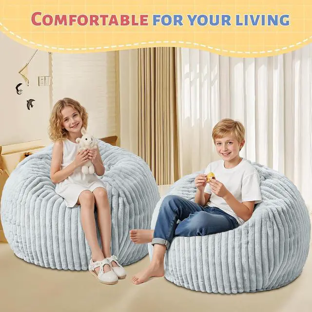 Alt view image 6 of 6 - 2FT Bean Bag Chair, 2' Bean Bag Chairs with Memory Foam Filled, Small Comfy Beanbag Chair with Stripe Plush Cover for Living Room Bedroom DormLight Grey