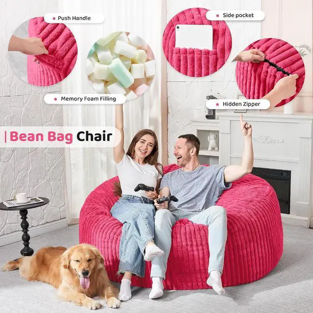 Alt view image 3 of 6 - 5FT Bean Bag Chair, 5' Large Bean Bag Chairs for Adults with Removable Stripe Plush Cover, Memory Foam Beanbag Chair for Living Room Bedroom Dorm (Pink)