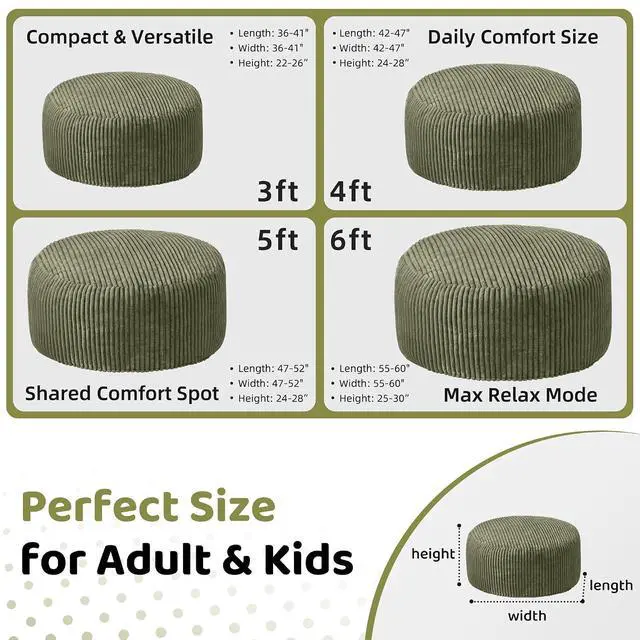 Alt view image 2 of 6 - 6FT Bean Bag Chair, 6' Large Bean Bag Chairs for Adults with Removable Stripe Plush Cover, Memory Foam Beanbag Chair for Living Room Bedroom DormGreen