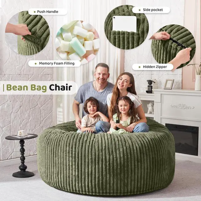 Alt view image 3 of 6 - 6FT Bean Bag Chair, 6' Large Bean Bag Chairs for Adults with Removable Stripe Plush Cover, Memory Foam Beanbag Chair for Living Room Bedroom DormGreen