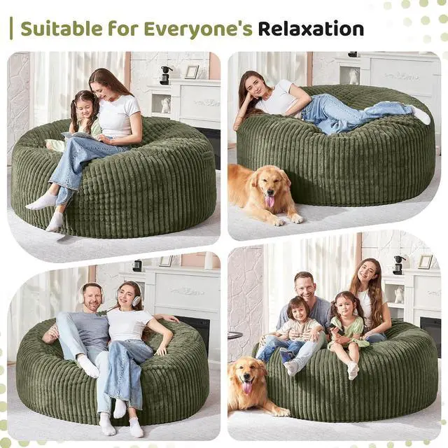 Alt view image 4 of 6 - 6FT Bean Bag Chair, 6' Large Bean Bag Chairs for Adults with Removable Stripe Plush Cover, Memory Foam Beanbag Chair for Living Room Bedroom DormGreen