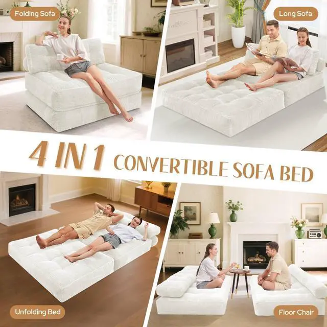 Alt view image 7 of 7 - Folding Sofa Bed, Foldable Floor Sofa Lounge w/Dual-Pillow & Handle, Convertible Sleeper Chair Bed w/Back Support for Living Room, Bedroom, Apartment, Office, Beige, Full