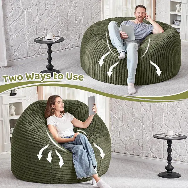 Alt view image 6 of 6 - 6FT Bean Bag Chair, 6' Large Bean Bag Chairs for Adults with Removable Stripe Plush Cover, Memory Foam Beanbag Chair for Living Room Bedroom DormGreen