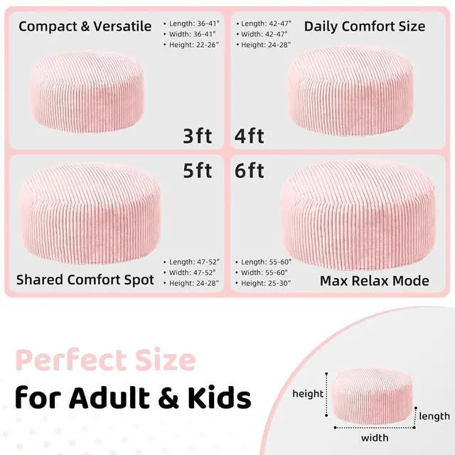 Alt view image 2 of 6 - 6FT Bean Bag Chair, 6' Large Bean Bag Chairs for Adults with Removable Stripe Plush Cover, Memory Foam Beanbag Chair for Living Room Bedroom DormTender Pink