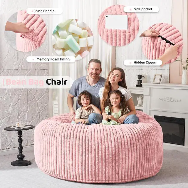 Alt view image 3 of 6 - 6FT Bean Bag Chair, 6' Large Bean Bag Chairs for Adults with Removable Stripe Plush Cover, Memory Foam Beanbag Chair for Living Room Bedroom DormTender Pink