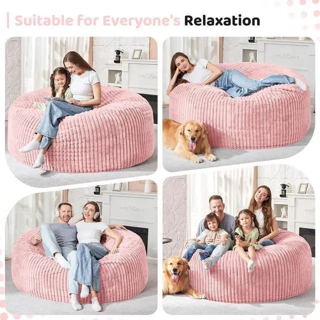 Alt view image 4 of 6 - 6FT Bean Bag Chair, 6' Large Bean Bag Chairs for Adults with Removable Stripe Plush Cover, Memory Foam Beanbag Chair for Living Room Bedroom DormTender Pink