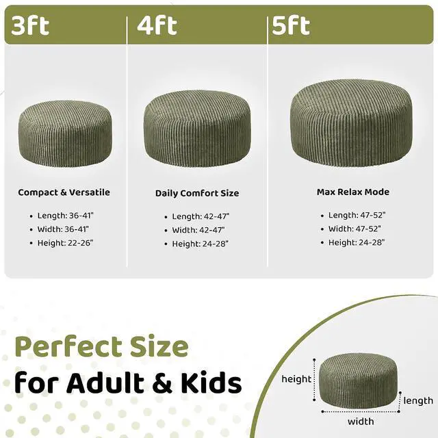 Alt view image 2 of 6 - 5FT Bean Bag Chair, 5' Large Bean Bag Chairs for Adults with Removable Stripe Plush Cover, Memory Foam Beanbag Chair for Living Room Bedroom Dorm (Green)