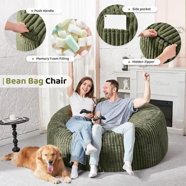 Alt view image 3 of 6 - 5FT Bean Bag Chair, 5' Large Bean Bag Chairs for Adults with Removable Stripe Plush Cover, Memory Foam Beanbag Chair for Living Room Bedroom Dorm (Green)