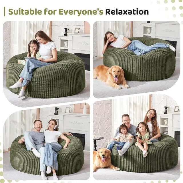 Alt view image 4 of 6 - 5FT Bean Bag Chair, 5' Large Bean Bag Chairs for Adults with Removable Stripe Plush Cover, Memory Foam Beanbag Chair for Living Room Bedroom Dorm (Green)