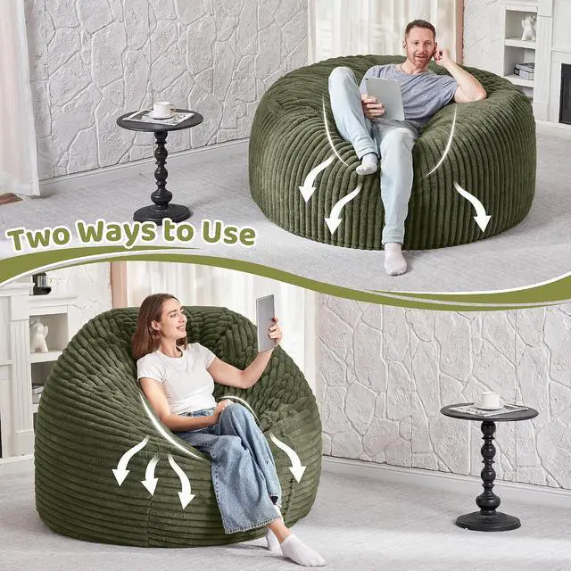Alt view image 6 of 6 - 5FT Bean Bag Chair, 5' Large Bean Bag Chairs for Adults with Removable Stripe Plush Cover, Memory Foam Beanbag Chair for Living Room Bedroom Dorm (Green)