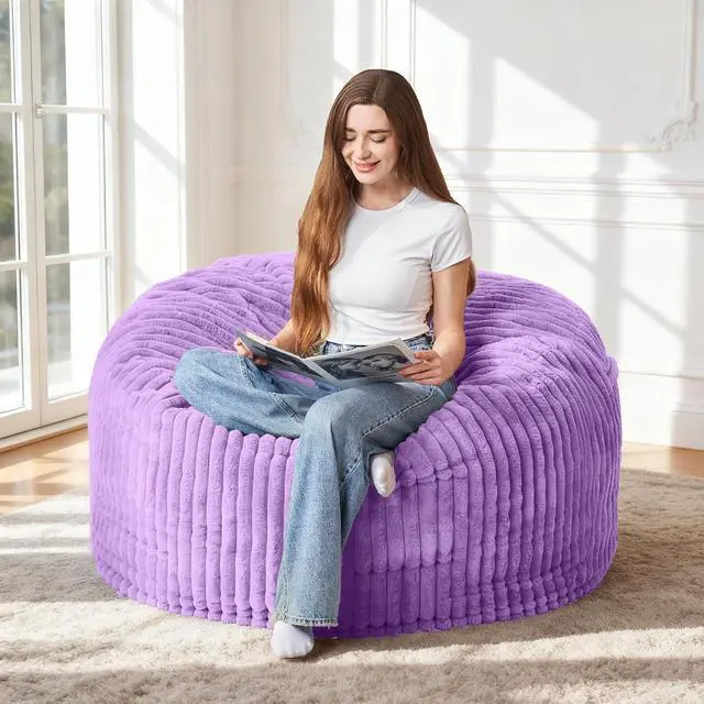 Main image of 3FT Bean Bag Chair, 3' Large Bean Bag Chairs for Adults with Stripe Plush Cover, Memory Foam Beanbag Chair for Living Room Bedroom DormPurple