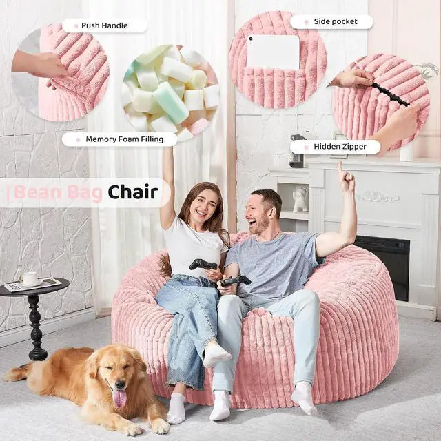 Alt view image 3 of 6 - 5FT Bean Bag Chair, 5' Large Bean Bag Chairs for Adults with Removable Stripe Plush Cover, Memory Foam Beanbag Chair for Living Room Bedroom Dorm (Tender Pink)