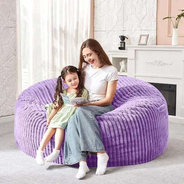 Alt view image 5 of 6 - 3FT Bean Bag Chair, 3' Large Bean Bag Chairs for Adults with Stripe Plush Cover, Memory Foam Beanbag Chair for Living Room Bedroom DormPurple