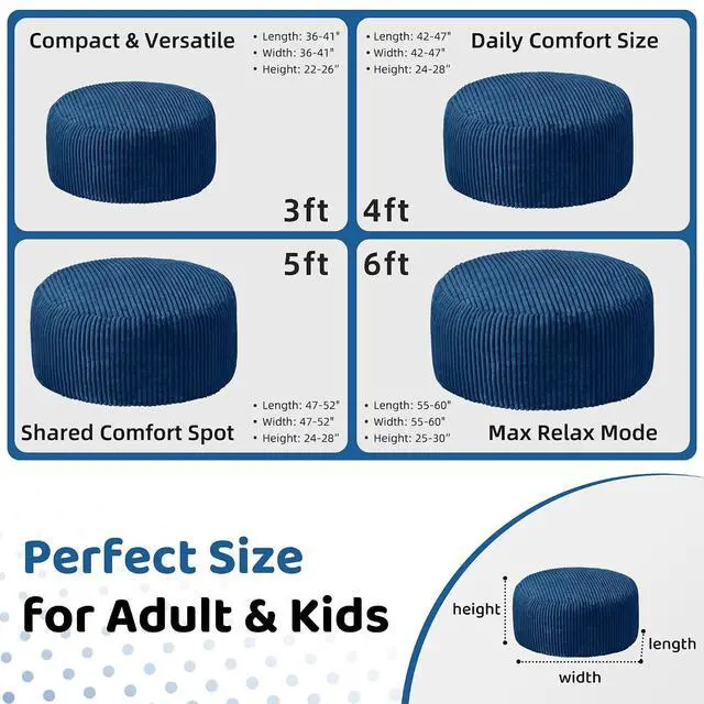 Alt view image 2 of 6 - 6FT Bean Bag Chair, 6' Large Bean Bag Chairs for Adults with Removable Stripe Plush Cover, Memory Foam Beanbag Chair for Living Room Bedroom DormBlue