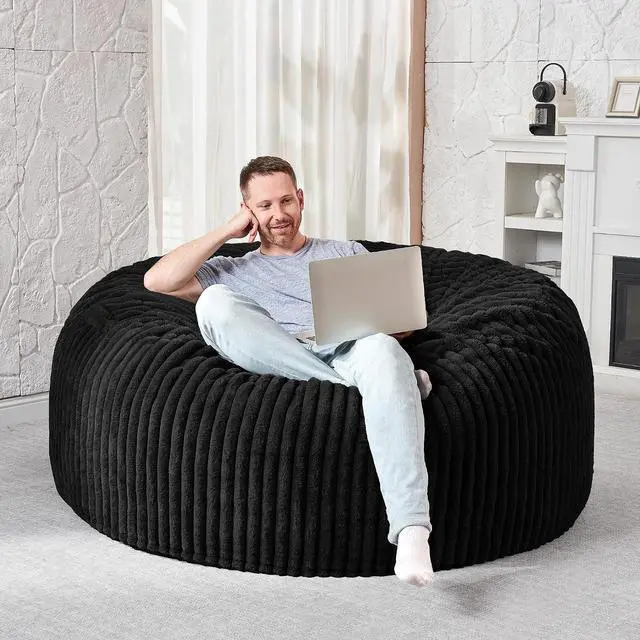 Alt view image 5 of 6 - 4FT Bean Bag Chair, 4' Large Bean Bag Chairs for Adults with Removable Stripe Plush Cover, Memory Foam Beanbag Chair for Living Room Bedroom Dorm (Black)