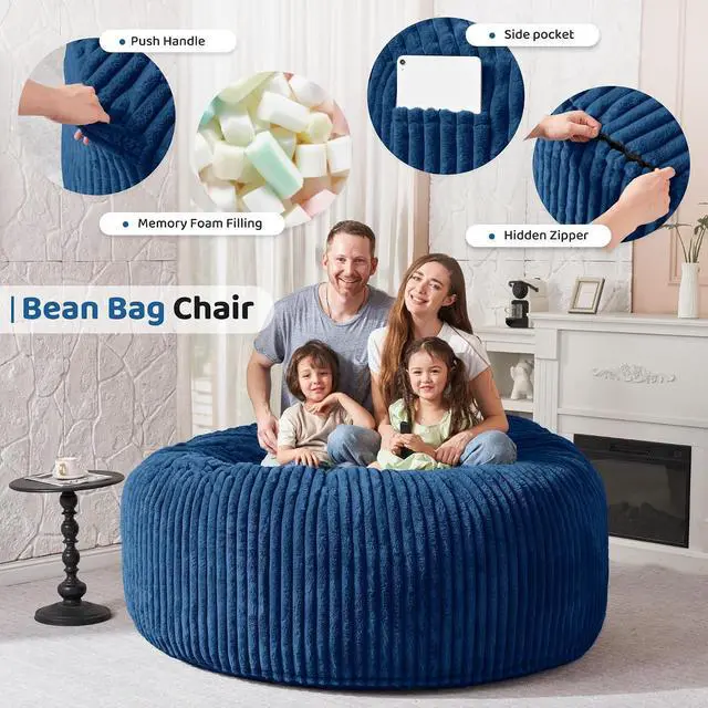 Alt view image 3 of 6 - 6FT Bean Bag Chair, 6' Large Bean Bag Chairs for Adults with Removable Stripe Plush Cover, Memory Foam Beanbag Chair for Living Room Bedroom DormBlue