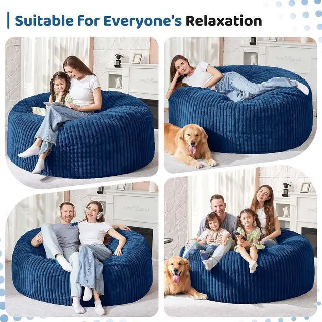 Alt view image 4 of 6 - 6FT Bean Bag Chair, 6' Large Bean Bag Chairs for Adults with Removable Stripe Plush Cover, Memory Foam Beanbag Chair for Living Room Bedroom DormBlue