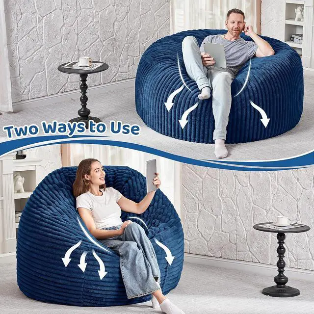 Alt view image 6 of 6 - 6FT Bean Bag Chair, 6' Large Bean Bag Chairs for Adults with Removable Stripe Plush Cover, Memory Foam Beanbag Chair for Living Room Bedroom DormBlue
