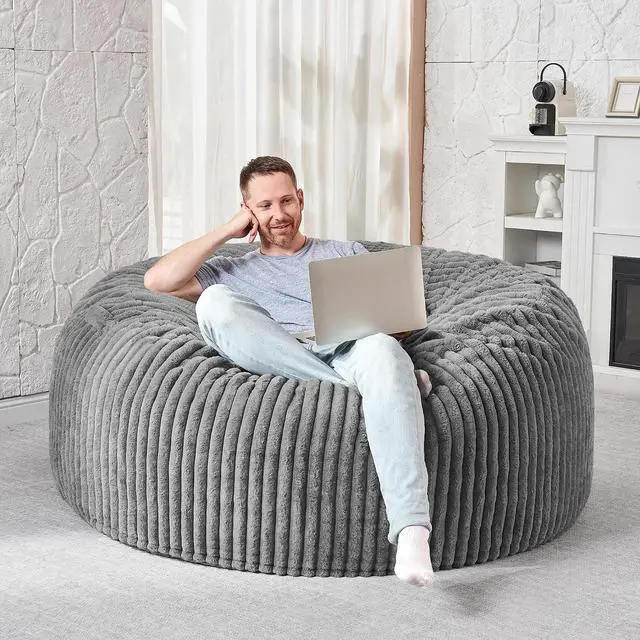 Alt view image 5 of 6 - 4FT Bean Bag Chair, 4' Large Bean Bag Chairs for Adults with Removable Stripe Plush Cover, Memory Foam Beanbag Chair for Living Room Bedroom Dorm (Grey)