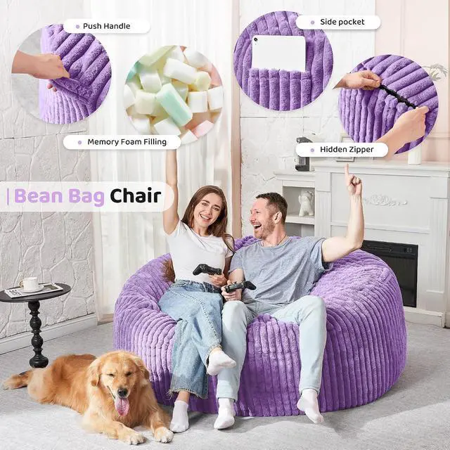 Alt view image 3 of 6 - 5FT Bean Bag Chair, 5' Large Bean Bag Chairs for Adults with Removable Stripe Plush Cover, Memory Foam Beanbag Chair for Living Room Bedroom Dorm (Purple)