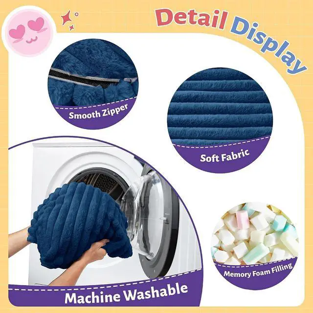 Alt view image 3 of 6 - 2FT Bean Bag Chair, 2' Bean Bag Chairs with Memory Foam Filled, Small Comfy Beanbag Chair with Stripe Plush Cover for Living Room Bedroom DormBlue